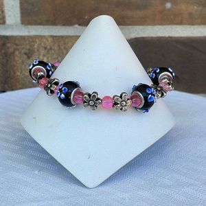 Handmade Flowered Black Glass Bead Bracelet